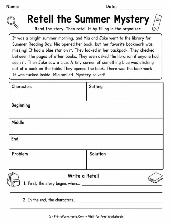 Summer mystery story retelling worksheet