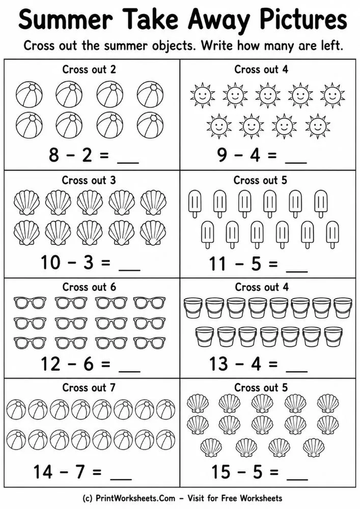 Summer subtraction worksheets within 20 cross out pictures