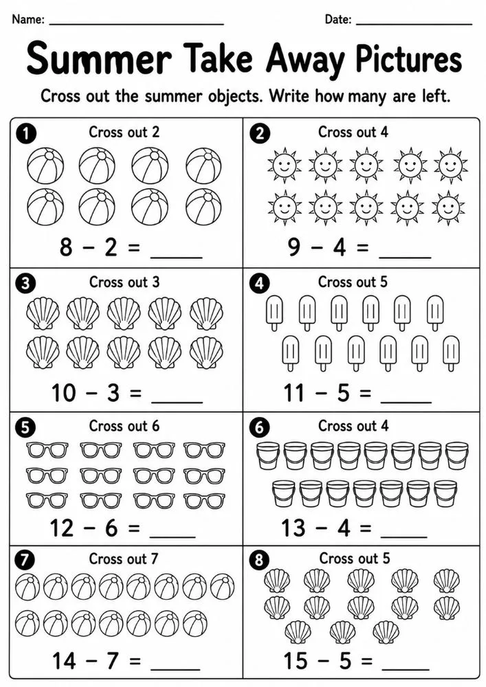 Free Summer Subtraction Worksheets Within 20 PDF - Worksheet Image