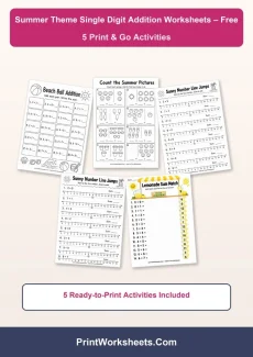 Addition Worksheets Worksheet - Summer Theme Single Digit Addition Worksheets for Grade 1 | Free Printable