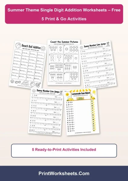Summer Theme Single Digit Addition Worksheets for Grade 1