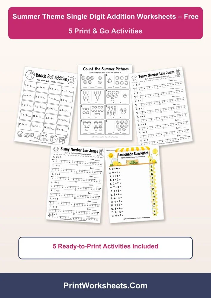 Addition Worksheets Worksheet - Summer Theme Single Digit Addition Worksheets for Grade 1 | Free Printable
