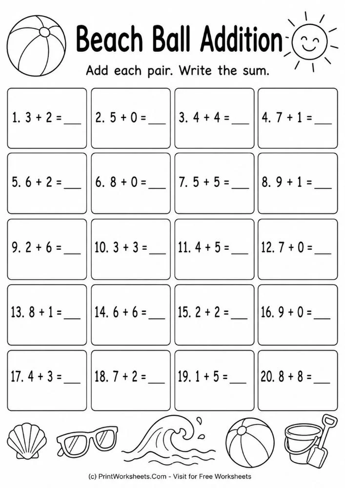 Single digit addition worksheets horizontal summer theme