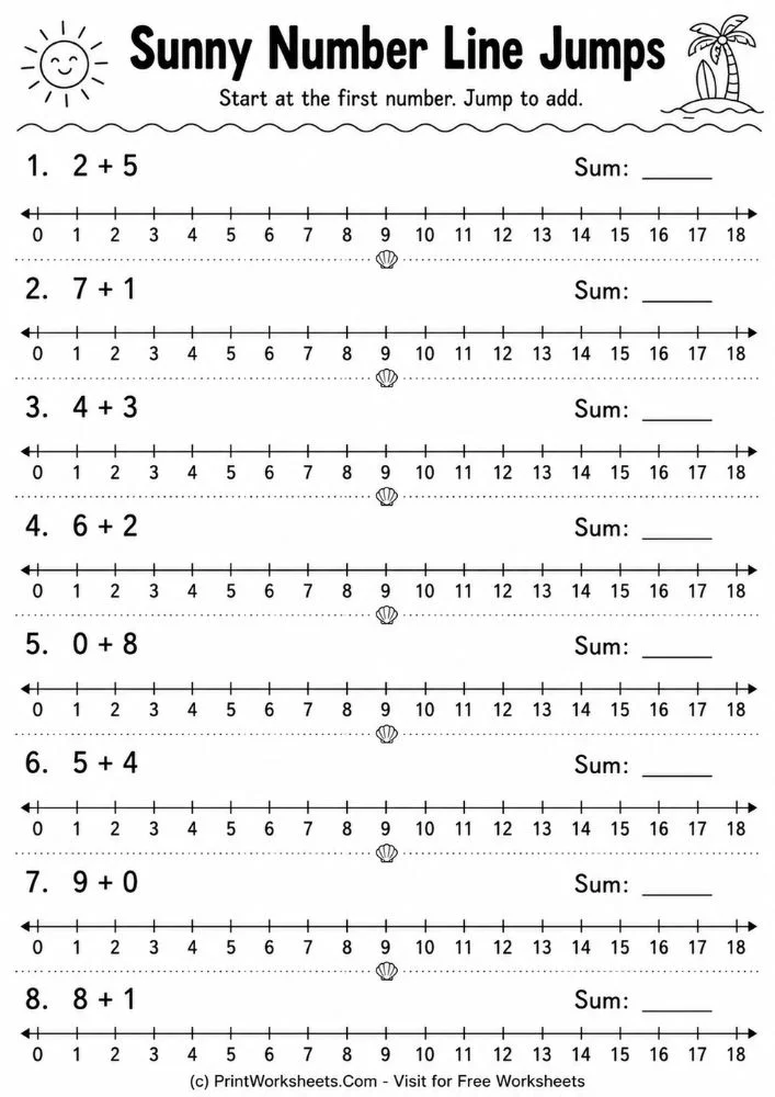Single digit addition worksheets up to 20 number line
