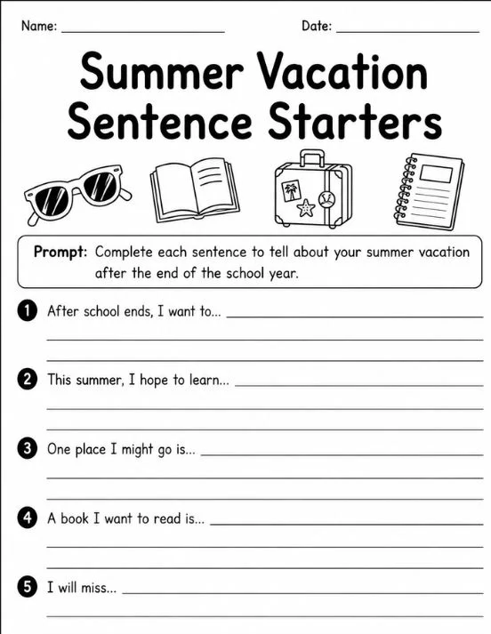Summer vacation sentence starters for kids