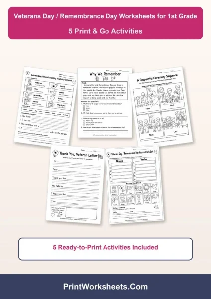 Free Veterans Day Remembrance Day Worksheets for 1st Grade