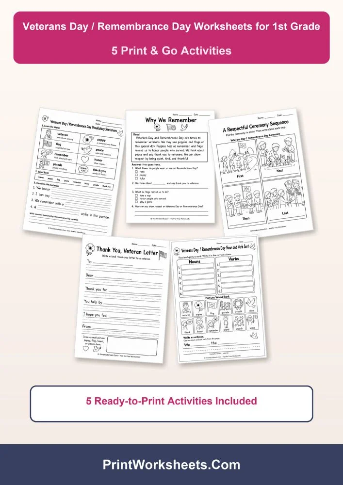 Holiday Worksheets Worksheet - Free Veterans Day Remembrance Day Worksheets for 1st Grade | Free Printable