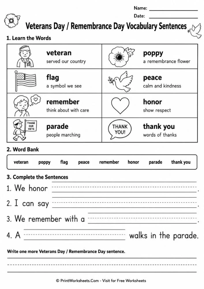 veterans-day-remembrance-day-worksheets-for-1st-grade-page-1 Veterans Day vocabulary sentences worksheet