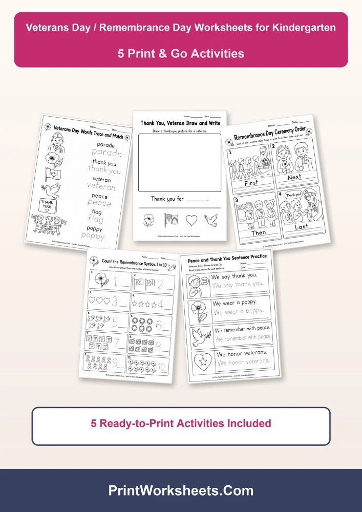 Holiday Worksheets Worksheet - Free Veterans Day Remembrance Day Worksheets for Kindergarten | Free Printable