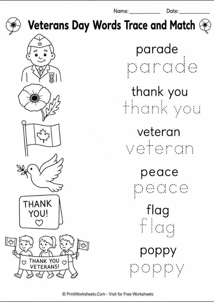 veterans-day-remembrance-day-worksheets-for-kindergarten-page-1 Veterans Day words trace match