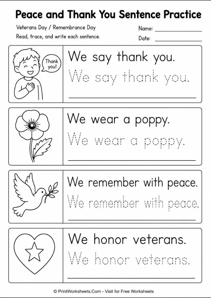 veterans-day-remembrance-day-worksheets-for-kindergarten-page-5 Peace thank you sentence practice