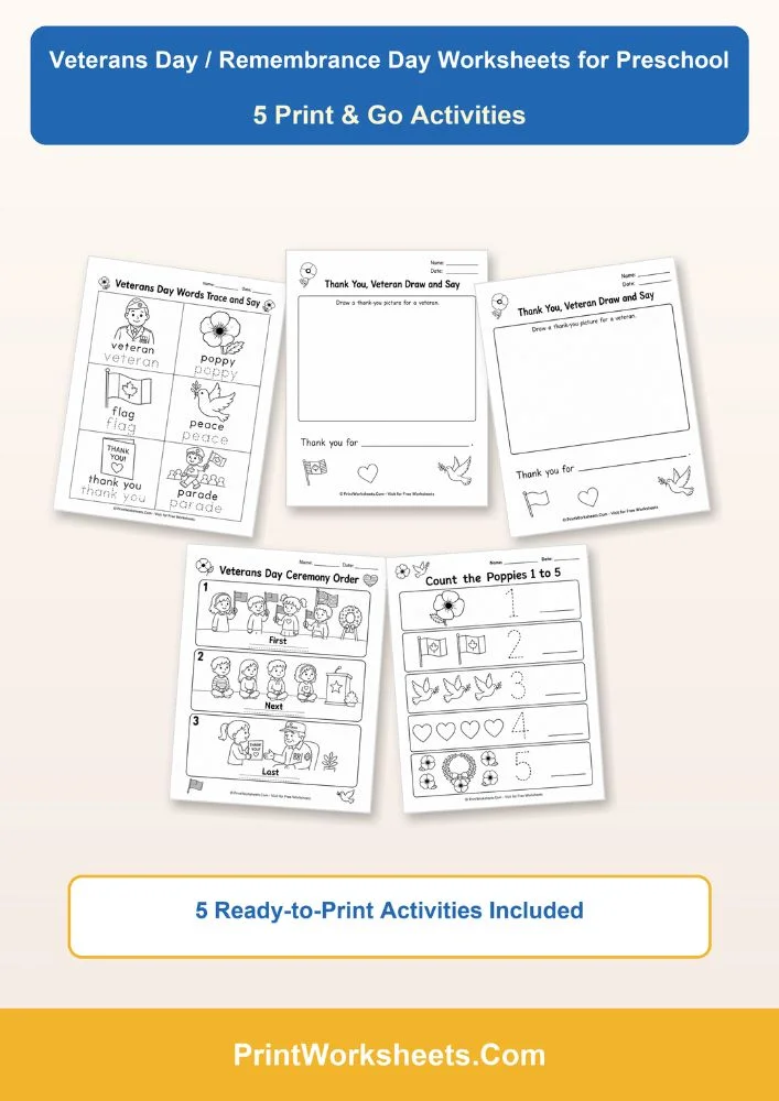Holiday Worksheets Worksheet - Free Veterans Day Remembrance Day Worksheets for Preschool | Free Printable