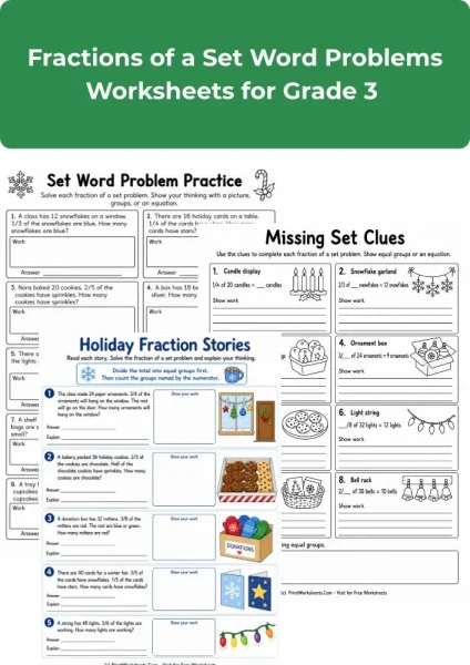 Fractions of a Set Word Problems Worksheets for Grade 3