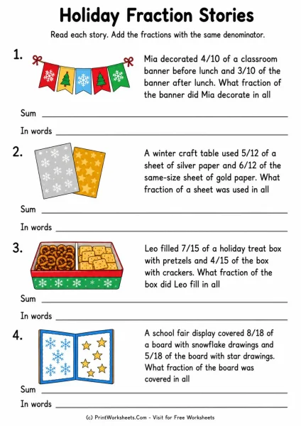 Add Fractions with Like Denominators Worksheets for Grade 4