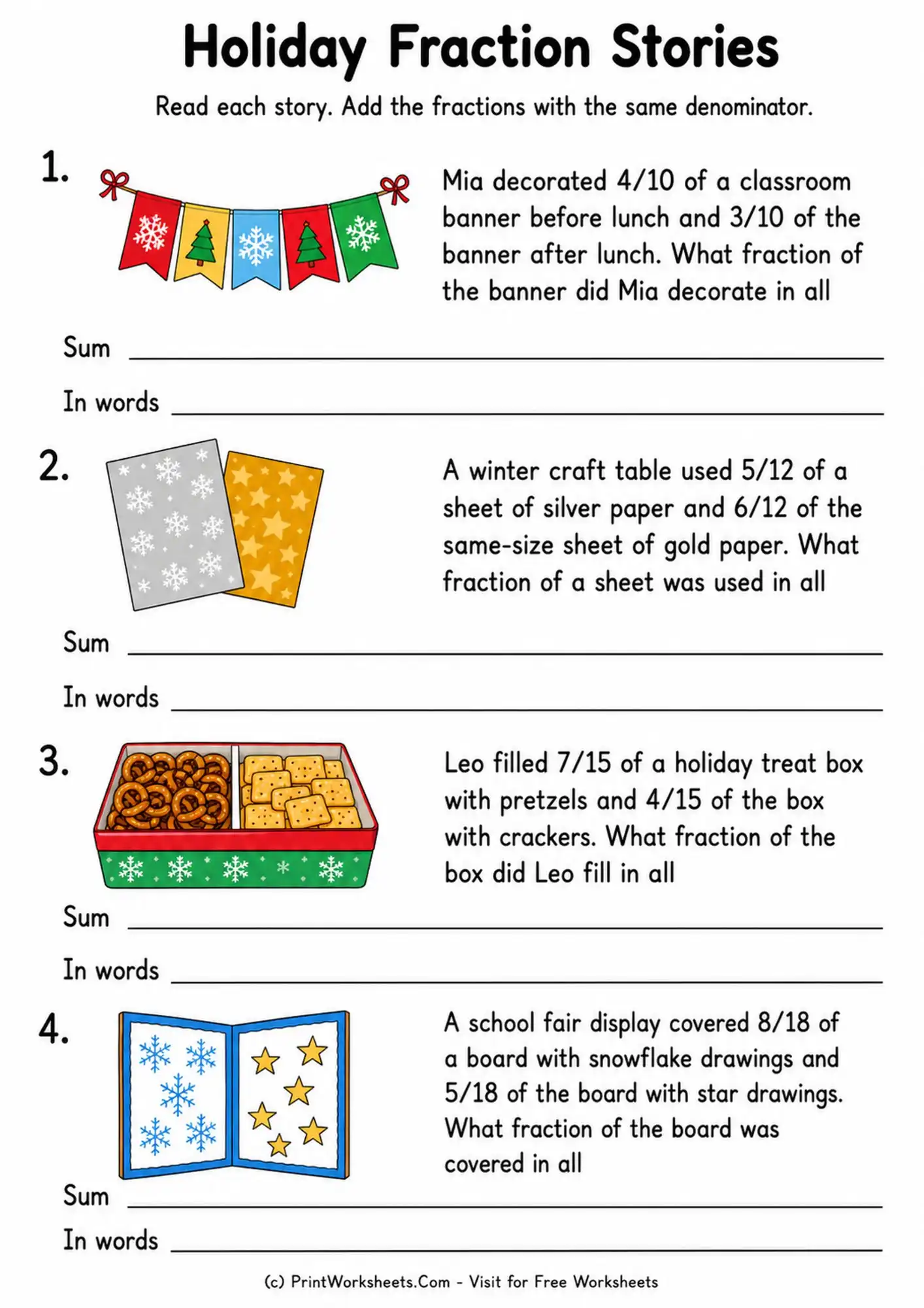 Fractions Worksheet - Add Fractions with Like Denominators Worksheets for Grade 4 | Free Printable