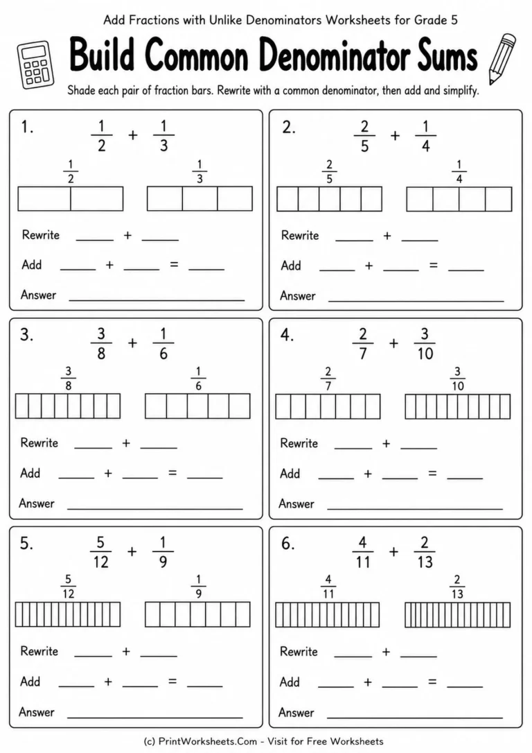 add fractions with unlike denominators worksheets for grade 5