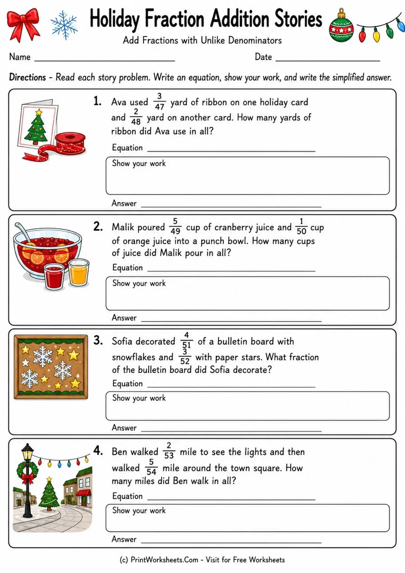 Fractions Worksheet - Add Fractions with Unlike Denominators Worksheets for Grade 5 | Free Printable