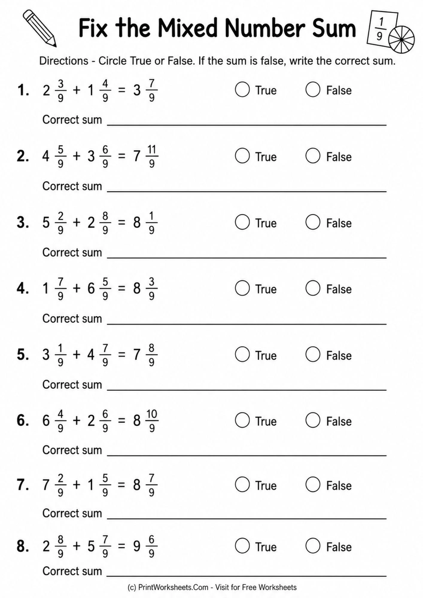 Fractions Worksheet - Add Mixed Numbers with Like Denominators Worksheets for Grade 4 | Free Printable