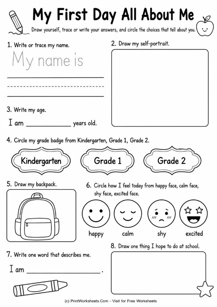 First day of school self portrait and feelings check in printable