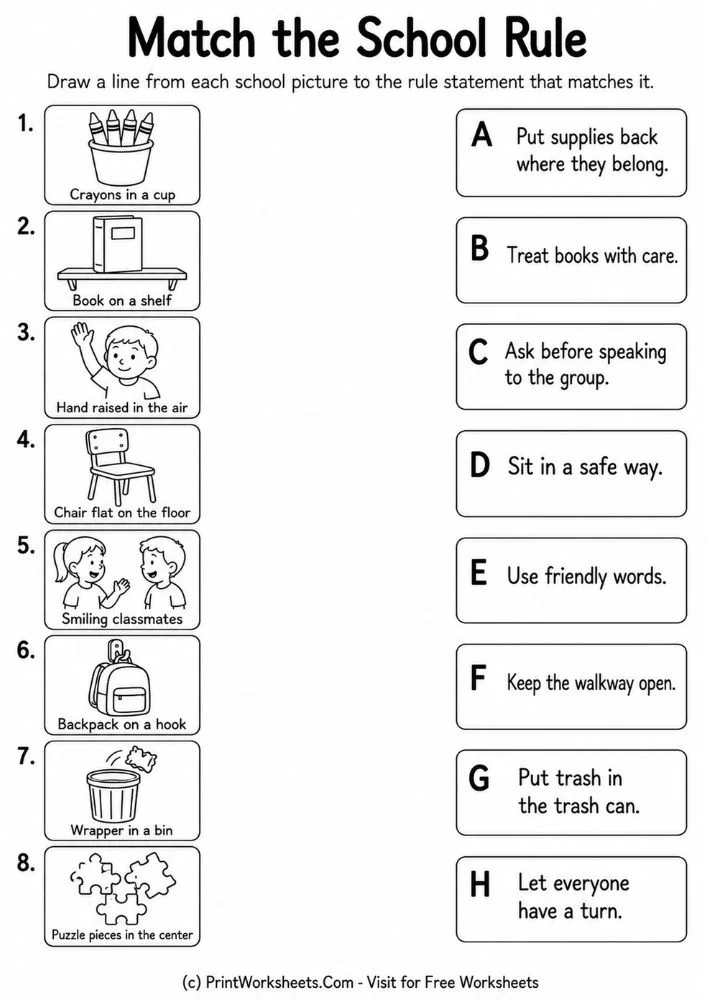 Match the School Rule Worksheet classroom rules matching worksheet