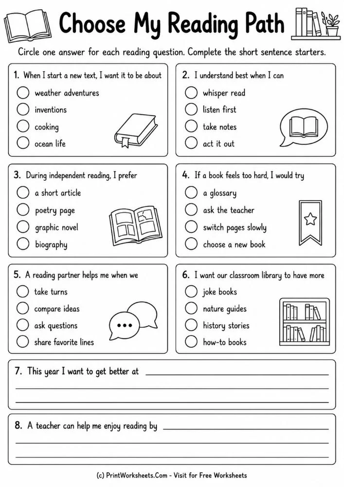 back-to-school-reading-interest-survey-worksheets-for-grade-2-to-grade-5-page-3 Back to school reading interest survey worksheet with reading path questions about text topics, understanding supports, independent reading formats, book strategies, partner help, and classroom library requests.