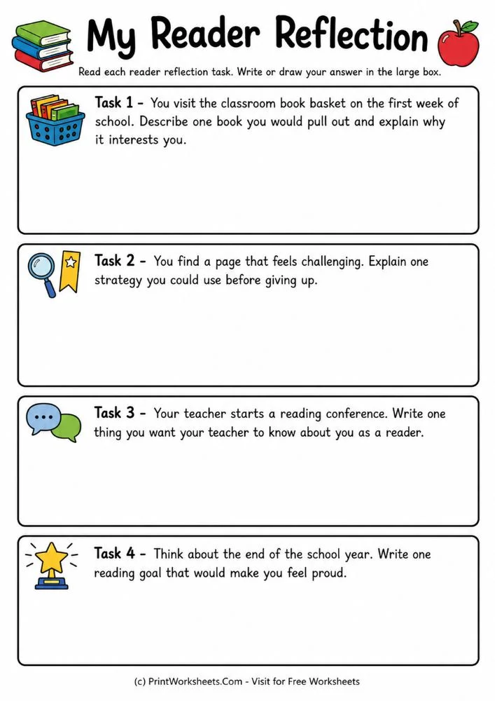 back-to-school-reading-interest-survey-worksheets-for-grade-2-to-grade-5-page-4 Back to school reader reflection worksheet with four writing boxes for classroom book basket choices, challenging page strategies, teacher conference notes, and reading goals