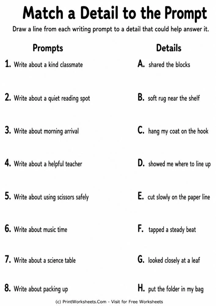back-to-school-writing-prompts-for-grade-1-to-grade-3-page-3 Match a detail to the prompt early literacy worksheets