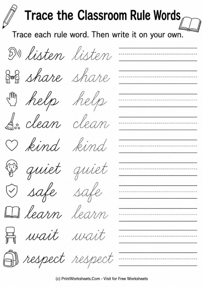 Trace the classroom rule words cursive worksheets pdf