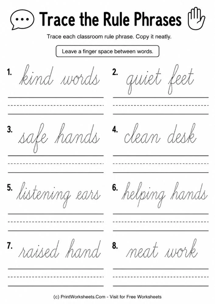 Trace the rule phrases cursive handwriting practice worksheets
