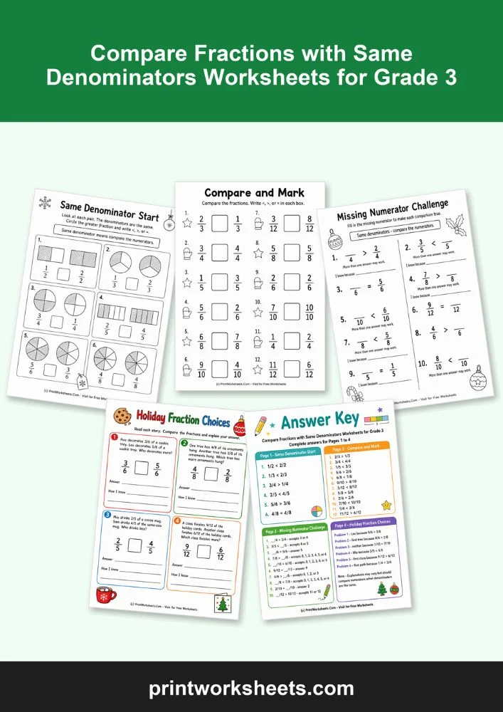 Fractions Worksheet - Free Compare Fractions with Same Denominators Grade 3 PDF | Free Printable