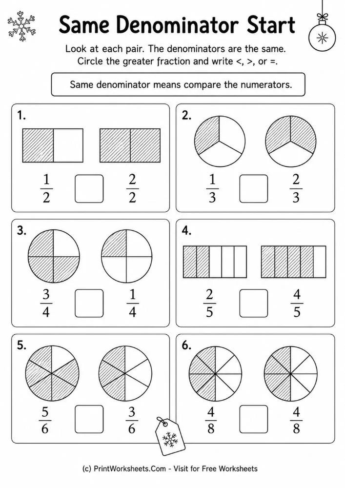 Same denominator start compare fractions with same denominators worksheets for grade 3