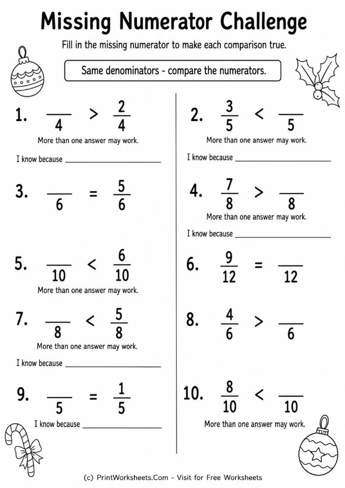 Missing numerator challenge compare fractions math printable