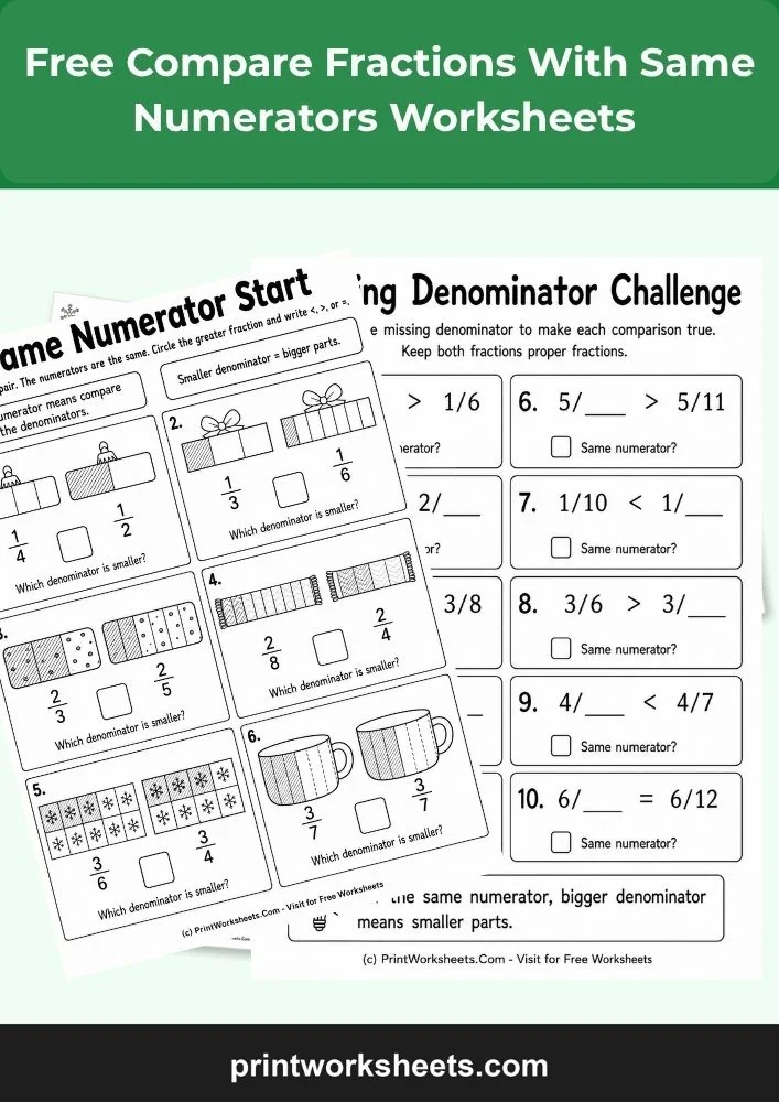 Fractions Worksheet - Free Compare Fractions With Same Numerators Worksheets | Free Printable