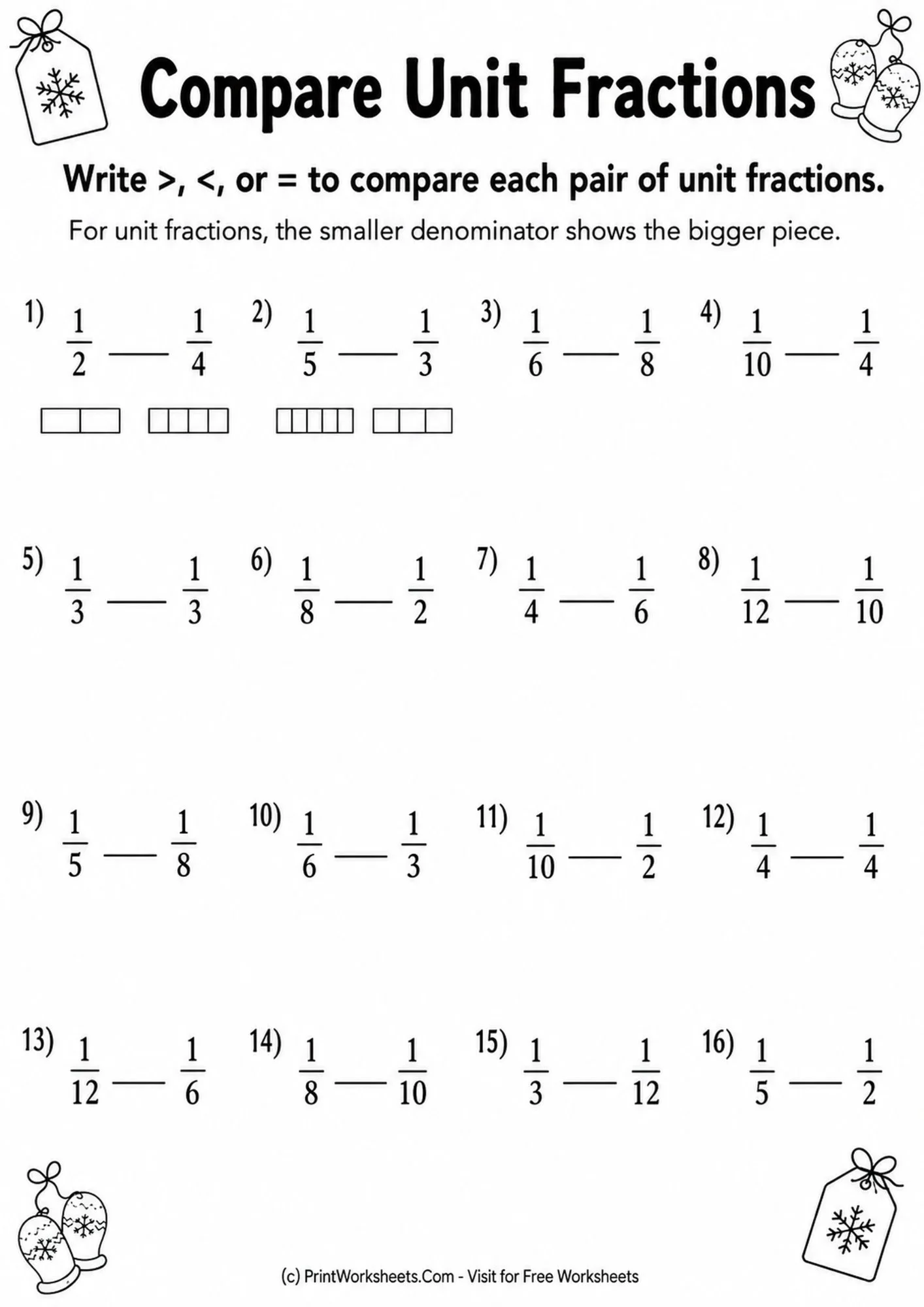 Fractions Worksheet - Compare Unit Fractions Worksheets for Grade 3 | Free Printable