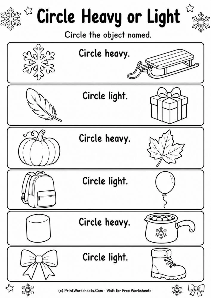 Circle heavy or light comparing weight worksheets