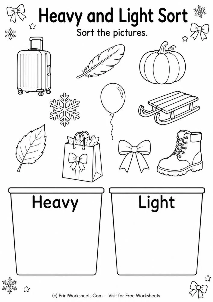 Heavy and light sort math practice printables
