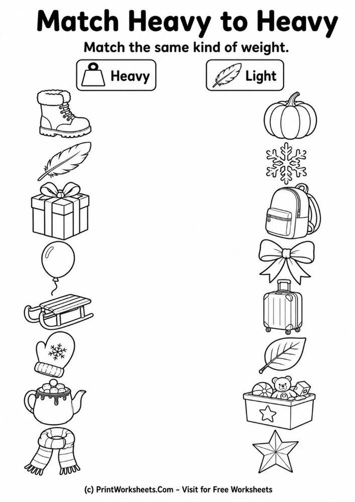 Match heavy to heavy kindergarten measurement worksheets