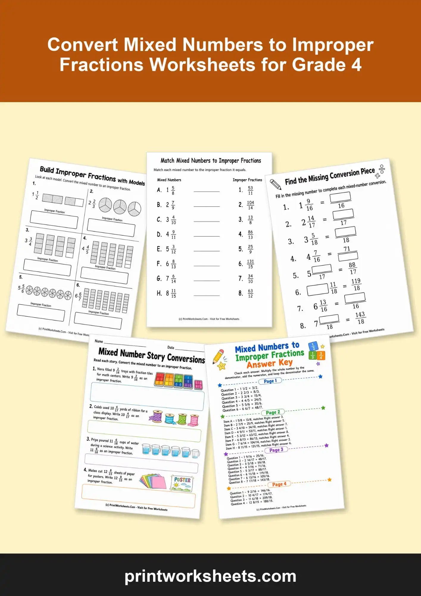Fractions Worksheet - Convert Mixed Numbers to Improper Fractions Worksheets for Grade 4 | Free Printable