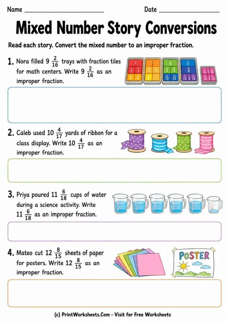 convert-mixed-numbers-to-improper-fractions-worksheets-for-grade-4-page-4 Mixed number story conversions and word problems worksheet.