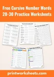 Free cursive number words 20-30 practice worksheets pdf pack