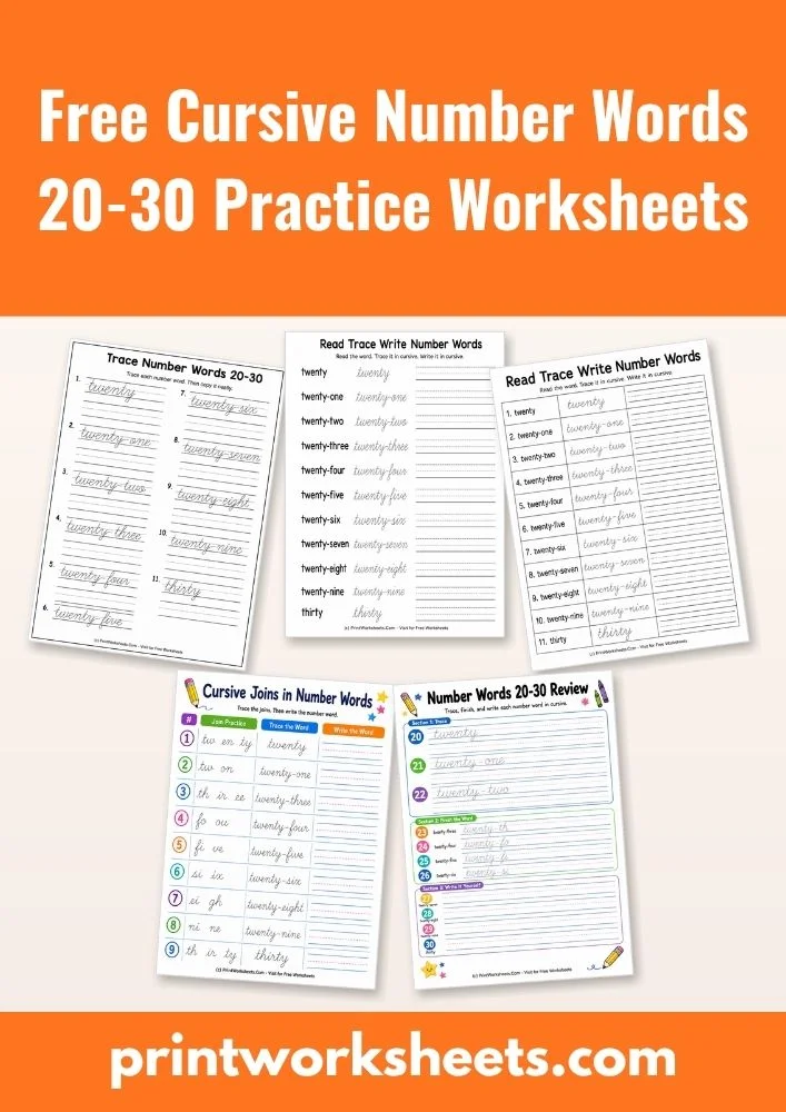 Cursive Writing Worksheet - Free Cursive Number Words 20-30 Practice Worksheets PDF | Free Printable