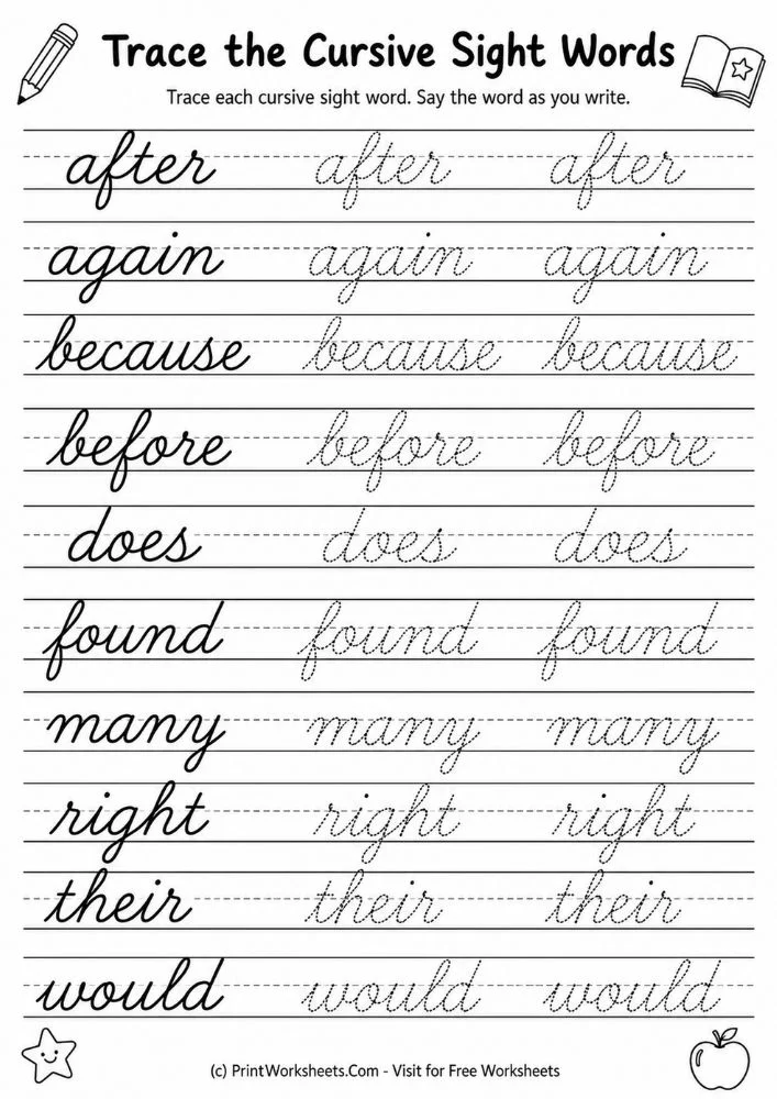 Trace the cursive sight words tracing worksheets for grade 2