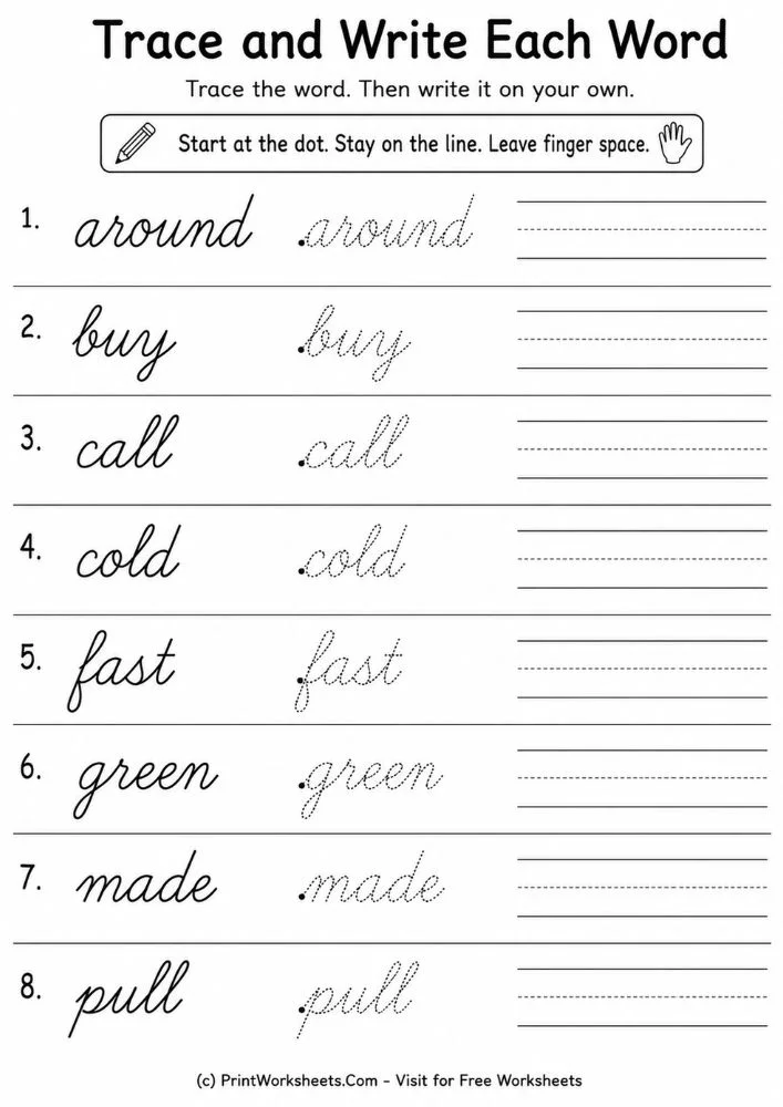Trace and write each word cursive handwriting practice pdf