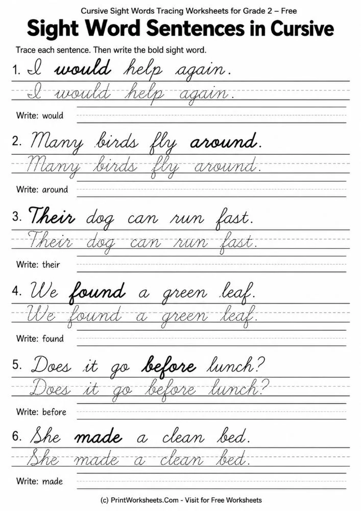 Sight word sentences in cursive tracing worksheets printable