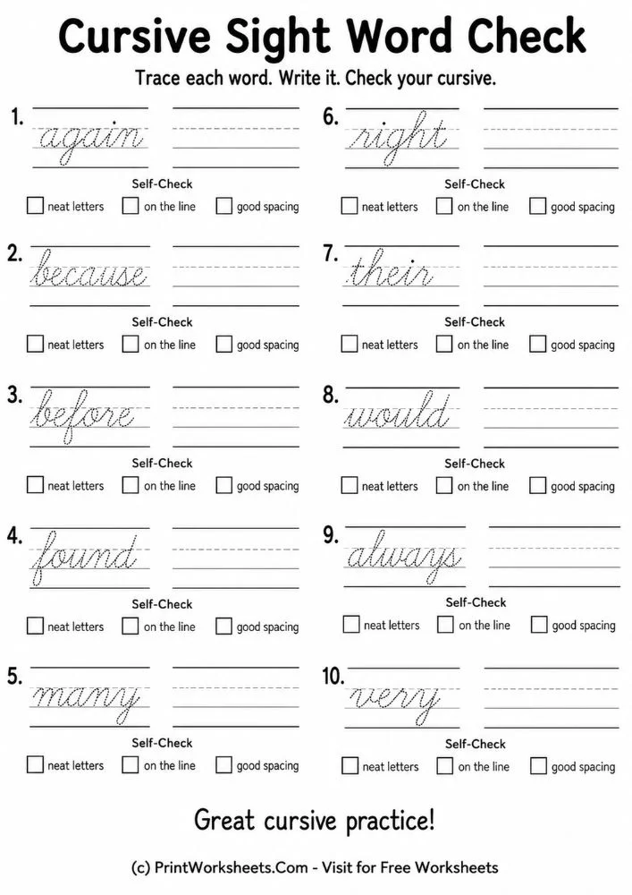 Cursive sight word check self assessment handwriting worksheets