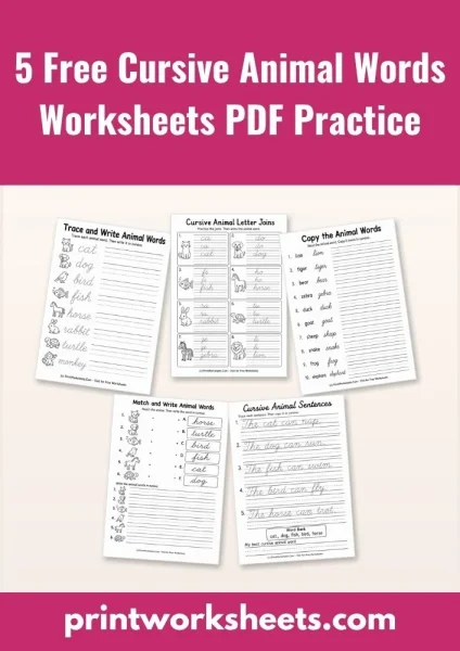 5 Free Cursive Animal Words Worksheets PDF Practice