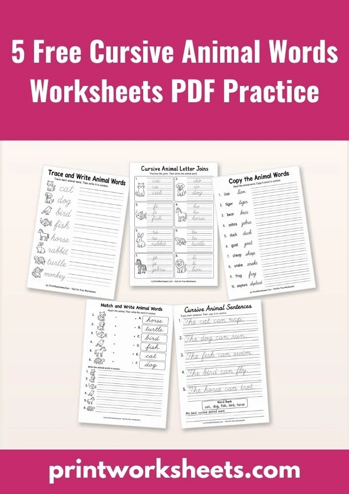 Cursive Writing Worksheet - 5 Free Cursive Animal Words Worksheets PDF Practice | Free Printable