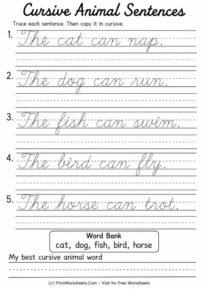 5 Free Cursive Animal Words Worksheets PDF Practice - Worksheet Image