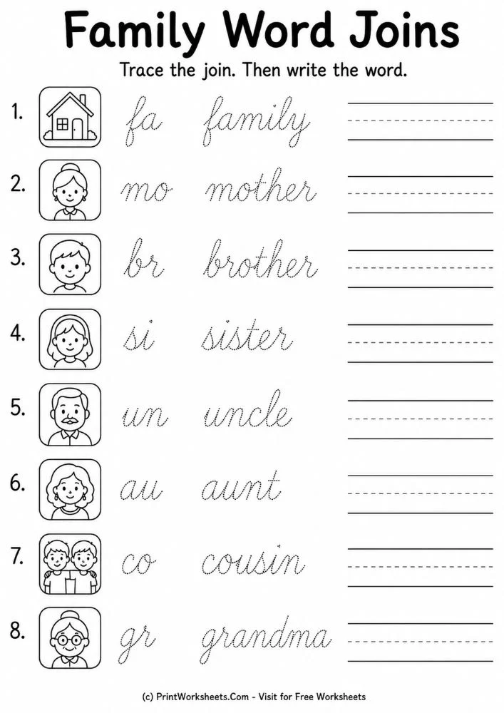 cursive-writing-practice-family-vocabulary-words-page-2 Family word joins cursive handwriting practice worksheets