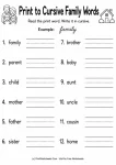 Print to cursive family words handwriting printable